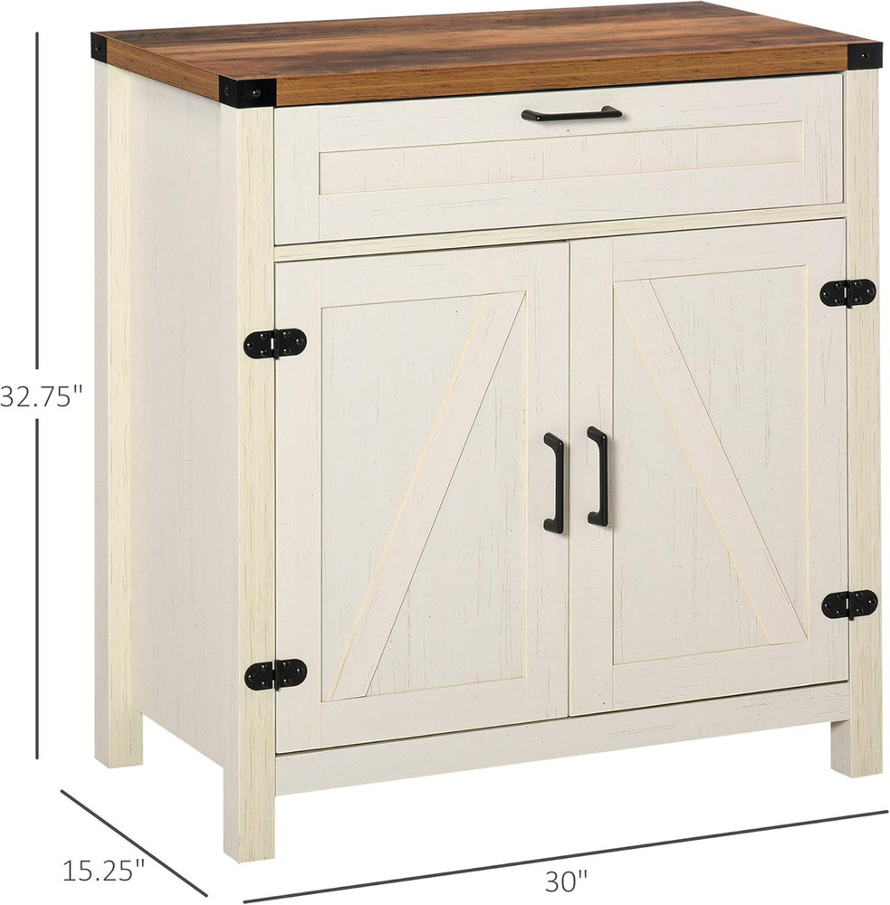 Modern Farmhouse Sideboard with Barn Doors & Storage Drawer, Distressed White