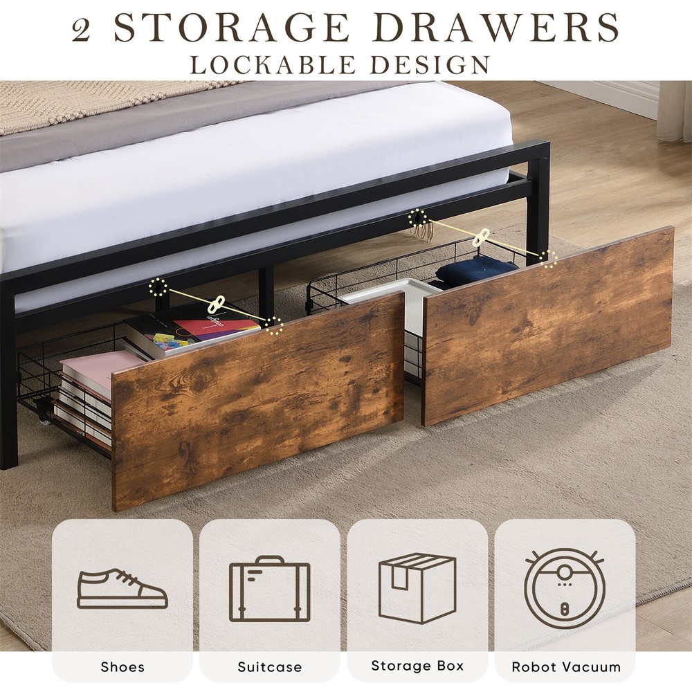 Queen Size Bed Frame with Storage Headboard & 2 Drawer Metal Platform Bed New