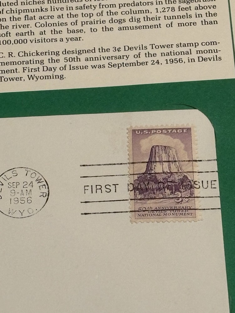 DEVIL’S TOWER FIRST DAY ISSUE STAMP 50TH ANNIVERSARY 1956 WYOMING