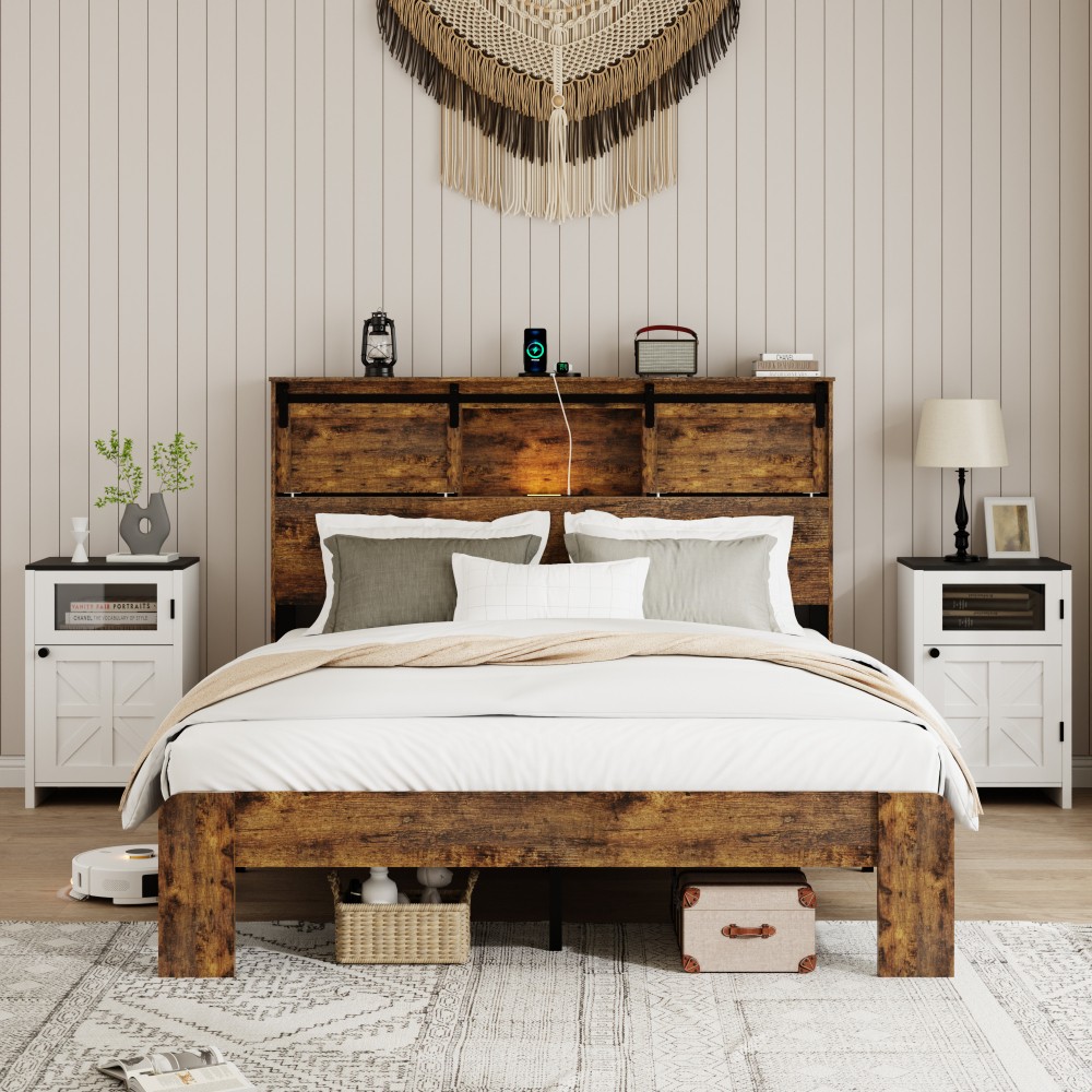 Queen Size Bed Frame w/ USB Headboard & Storage, Dark Brown, Easy Assembly