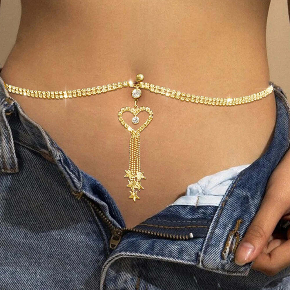 Boho Heart Dangle Rhinestone Piercing Navel Belly Button Ring Waist Chain