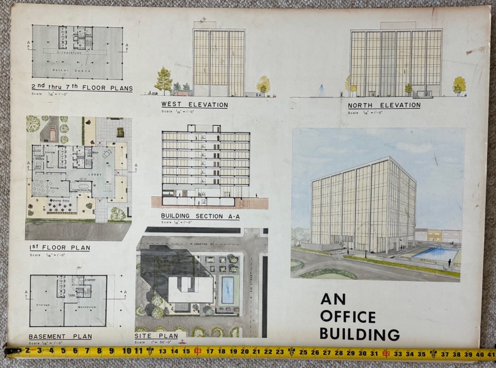 Vintage 1970s Office Building Architectural Rendering Plans Blue Prints