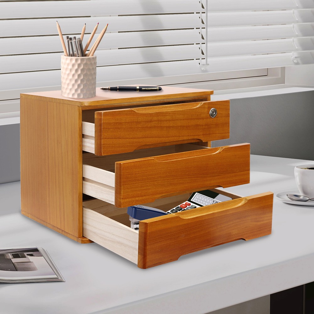 Modern Rectangle 3-Tier Desktop Storage Box Organizer with Lock Filing Cabinet