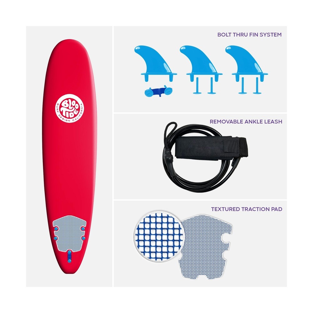 8ft Surfboard Soft top Red with Blue Wavizm Design Bottom Graphic