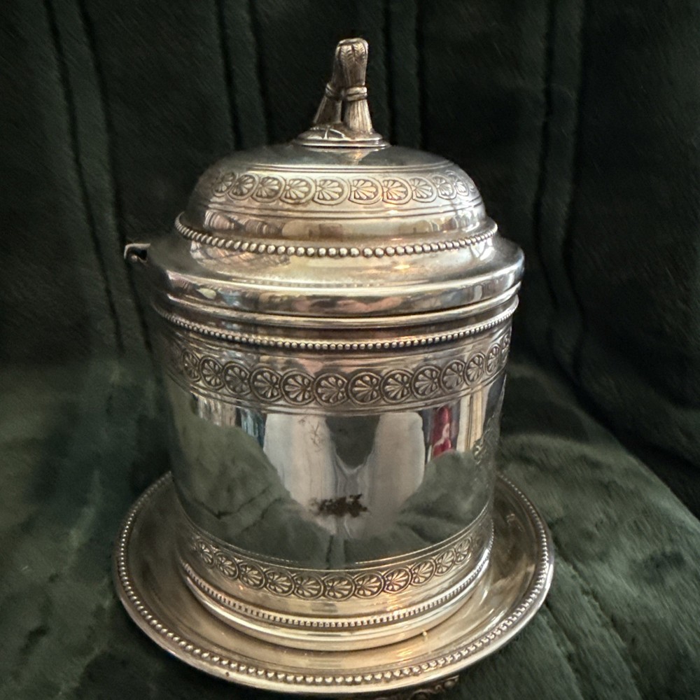 Victorian Style, Silverplate Biscuit Barrel, Footed, Hinged Lid - Source Perrier