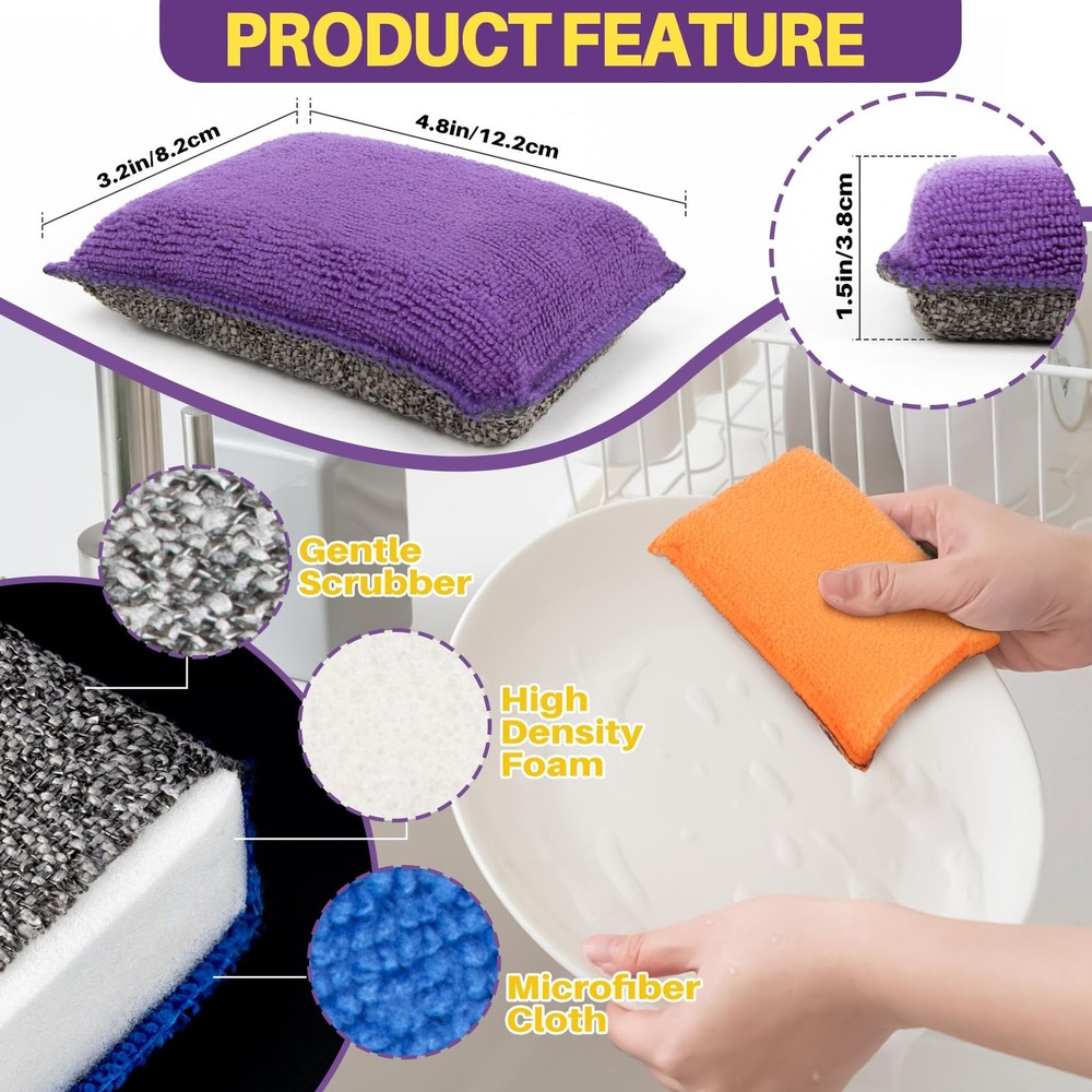 8 Pack Microfiber Sponge Kitchen - Dish Scrubber Sponge Non-Scratch Reusable ...