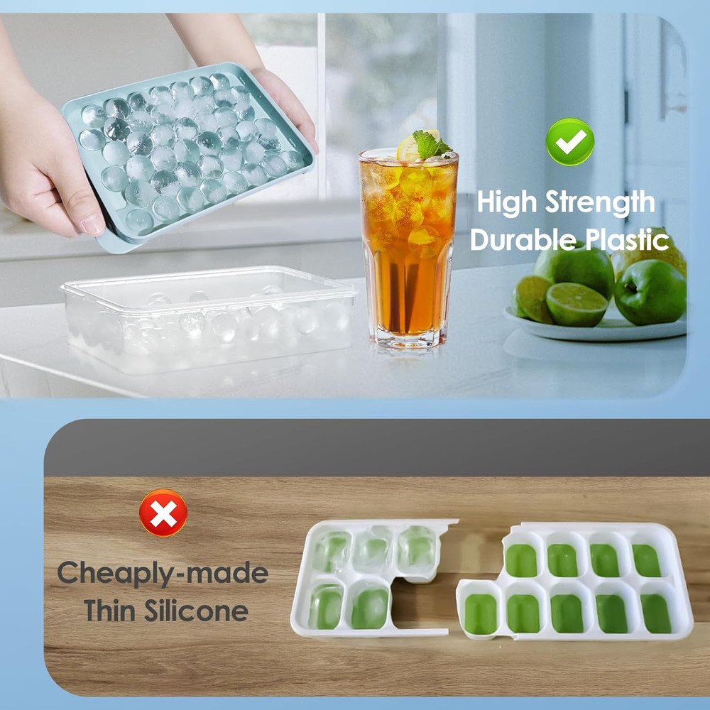 2-Pack Round Ice Cube Trays with Lid & Bin – Freezer Ice Container, Blue, 0.8"