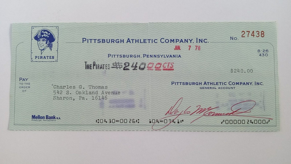 Charles G. Thomas, Inc.: 1978 Pittsburgh Pirates Expense Check