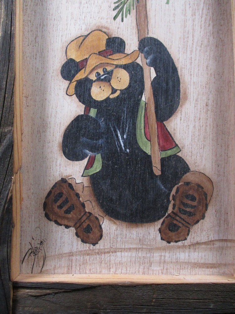 Framed Rustic Painted Crafter Art - Bathroom Bear Outside - Funny/Humorous