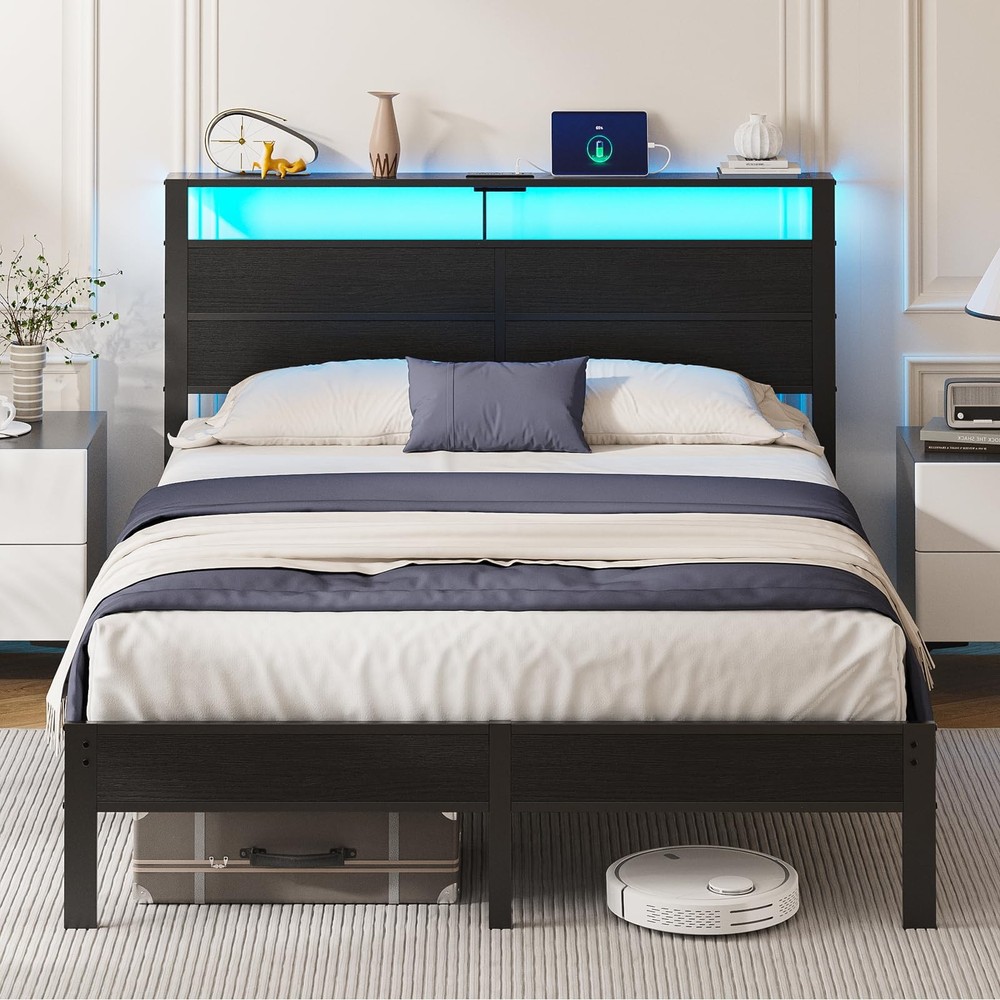 Queen Size Bed Frame with LED Lights, USB Type C Charging Headboard, Black Me...