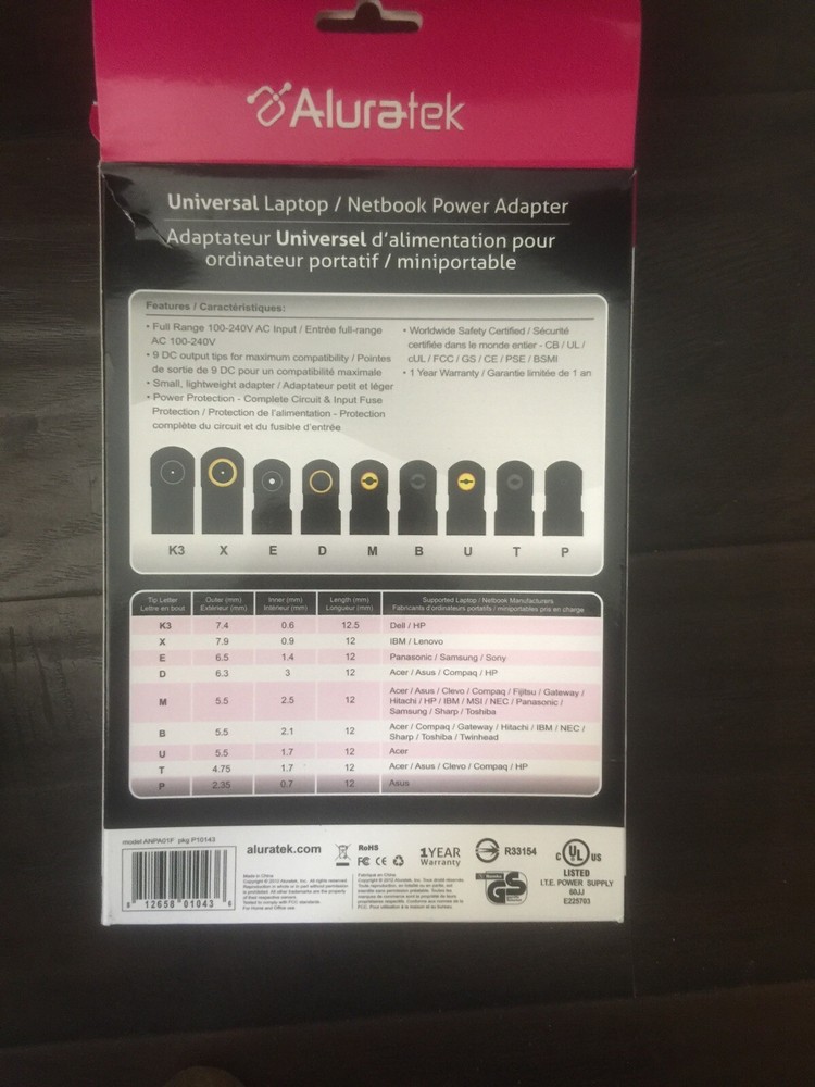 ALURATEK ANPA01F UNIV POWER ADAPTER NOTEBOOK