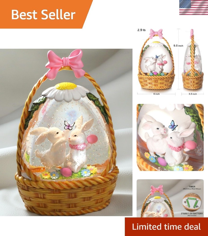 Easter Snow Globe Lantern Easter Decorations for Home with Timer Swirling Gli...
