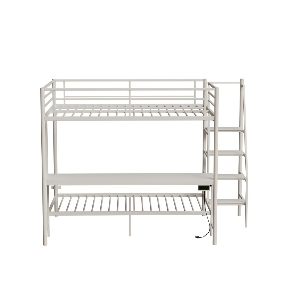 Modern Metal Bunk Bed Full Size White Bed Frame w/LED light and Charging Socket