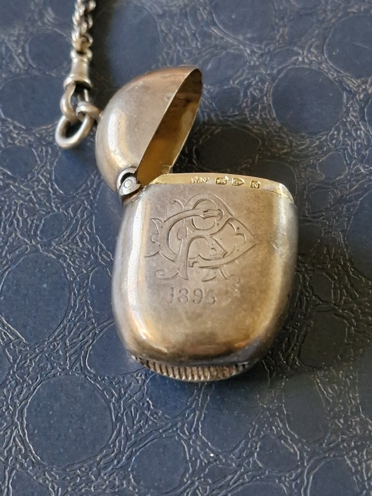 Victorian 1896 Solid Silver Vesta Case,Chester Hallmarked,William Neale + Chain.