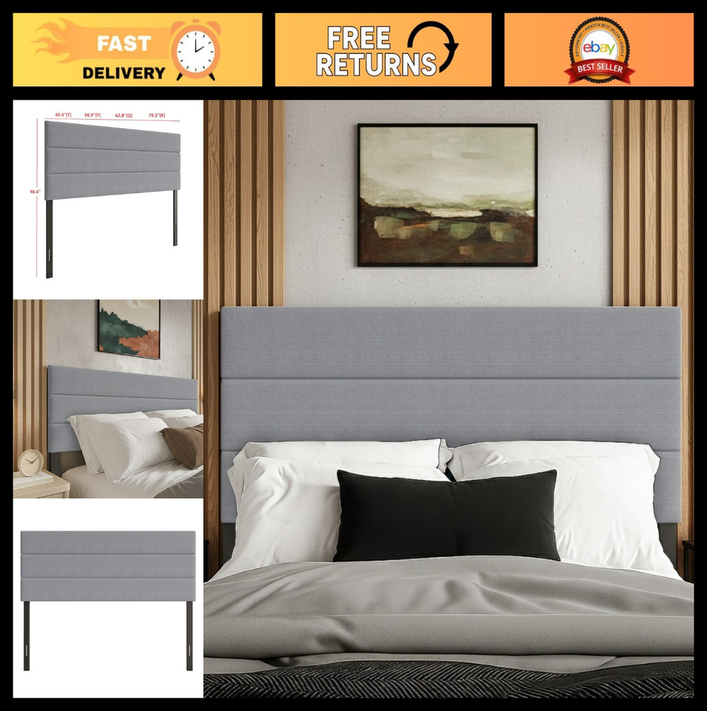 Upholstered King Headboard with Horizontal Channel Tufting & Foam Padding, Gray