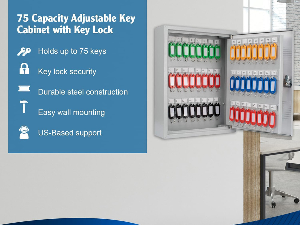 75 Position Key Lock Box – Hook-Style Cabinet with Numbered Hooks, Key Tags, Log