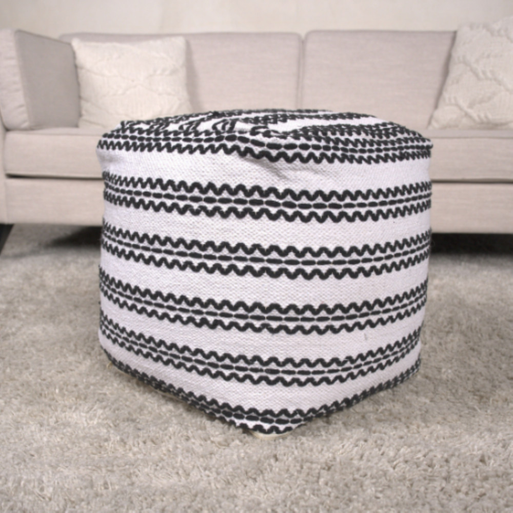 Lani Handcrafted Fabric Pouf, Natural with Black