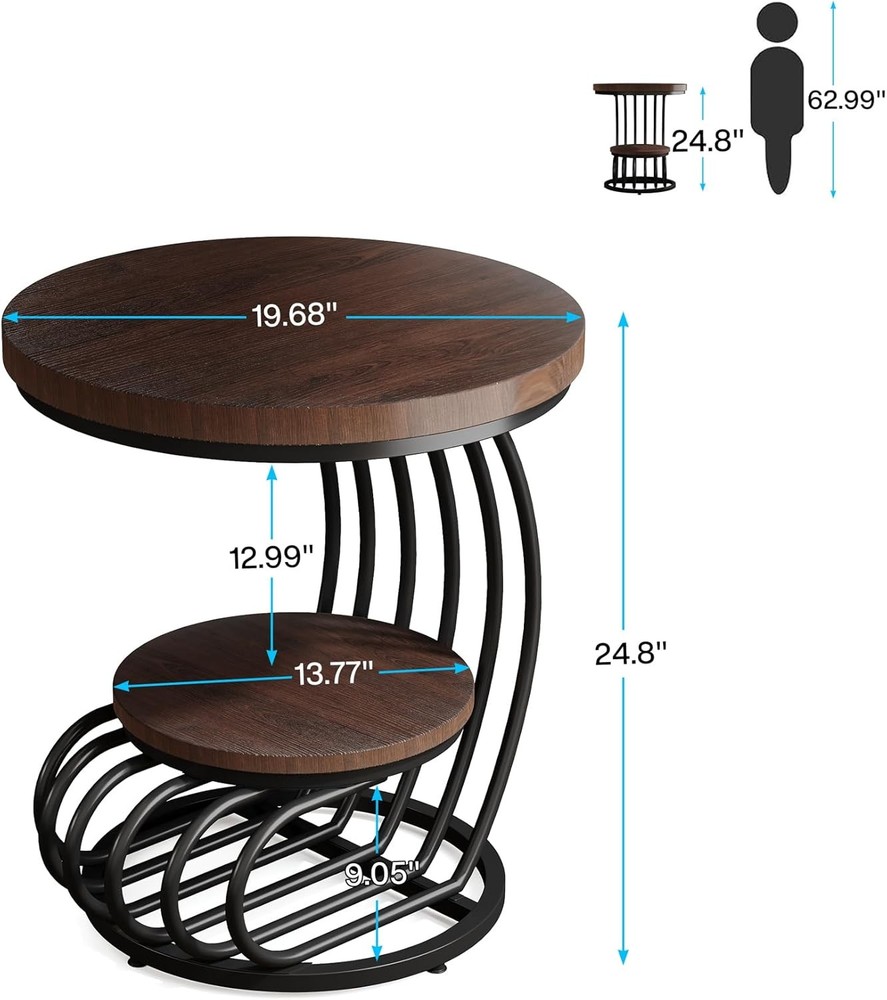 Round End Side Table: Side Table with 2 Tiers Storage Shelves