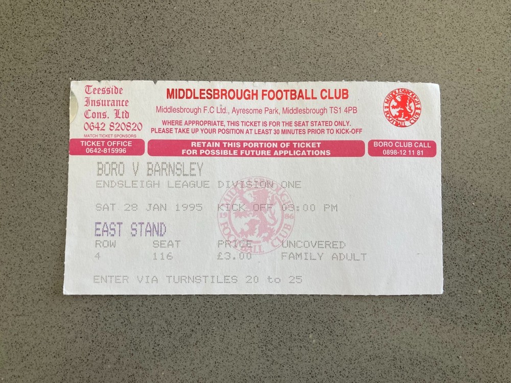 Middlesbrough v Barnsley 1994-95 Match Ticket