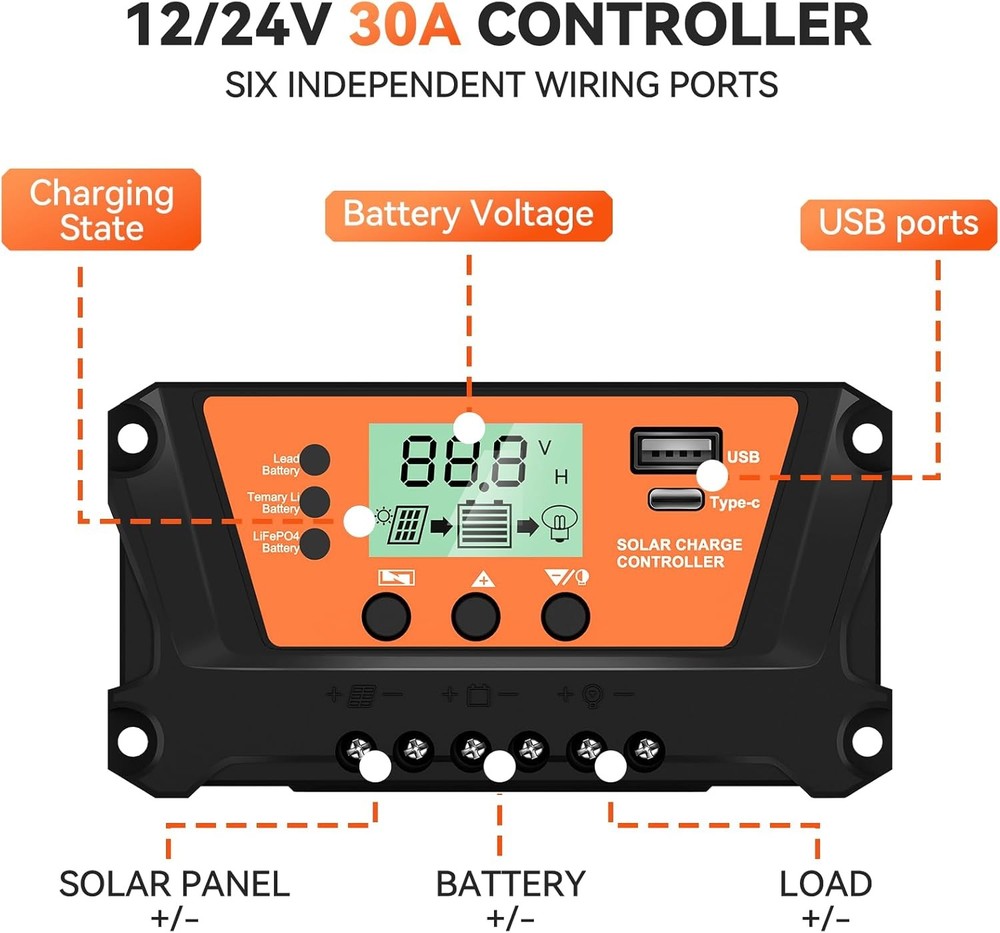 30-100A Solar Panel Regulator Charge Controller 12V/24V Auto Focus Tracking