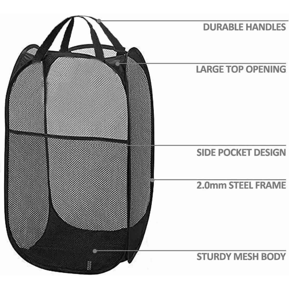 2x Black Collapsible Pop Up Laundry Bag Foldable Hamper LargeMesh Clothes Basket