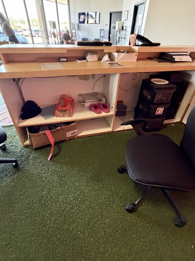Light Wood Reception Desk with Open Storage, Multiple Workstations
