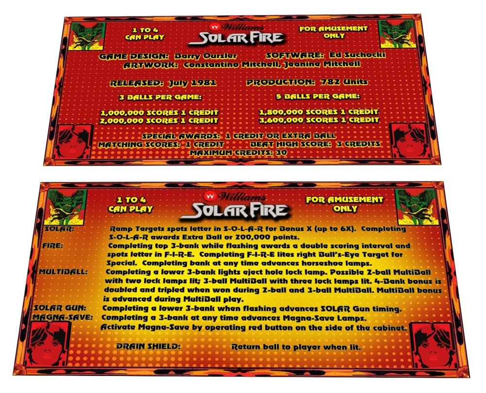 Williams Solar Fire Pinball Custom Apron Instruction Cards