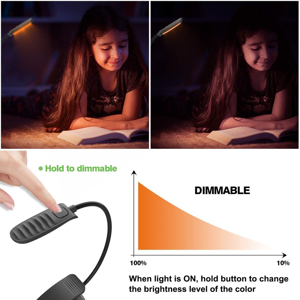 Rechargeable Book Reading Light Amber LED USB Bendable Neck Adjustable Black