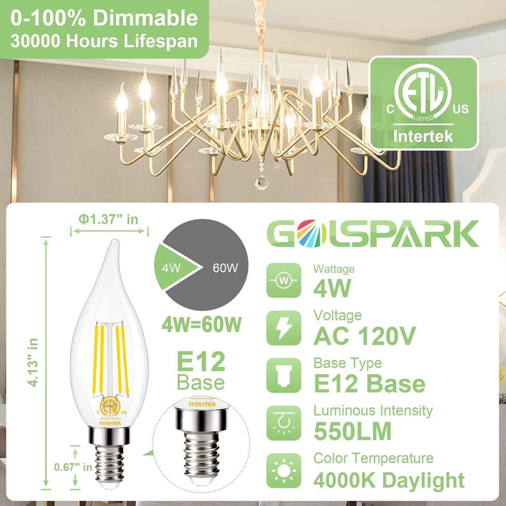 GOLSPARK E12 Candelabra LED Bulb Dimmable, 60W Equivalent 4000K Daylight Type...