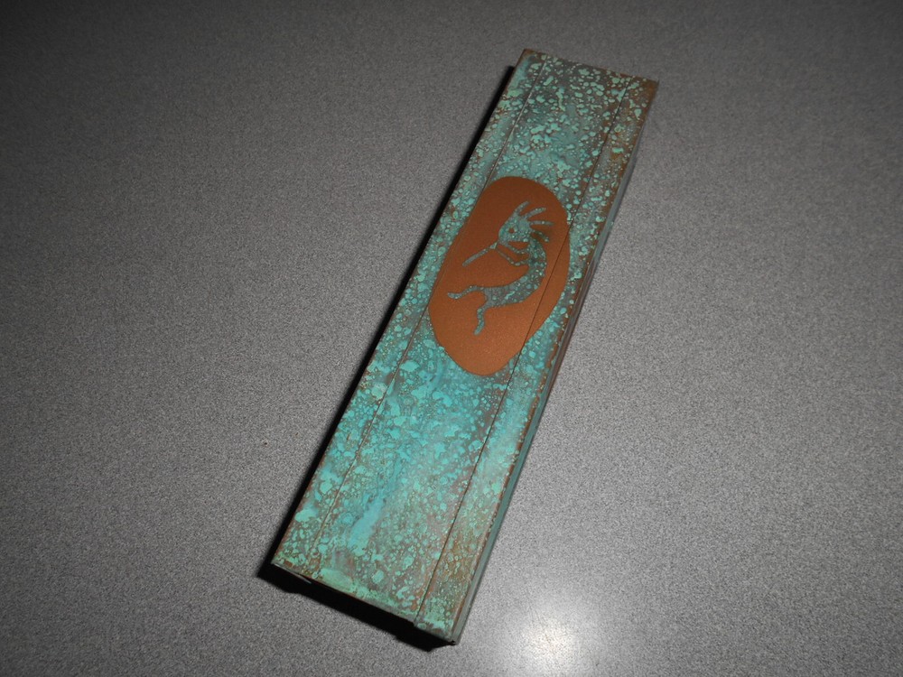 Southwest pattern handcrafted copper matchstick holder 8 inch pre owned