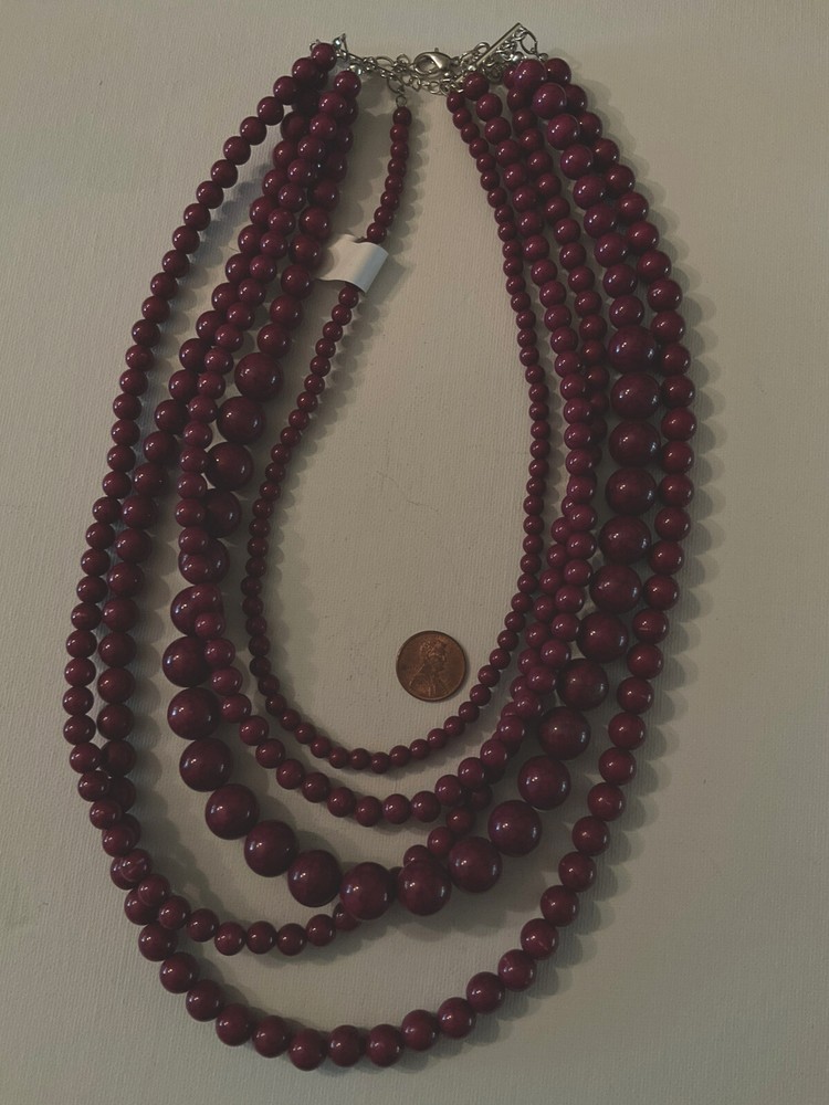 Multistrand purple beaded necklace, plastic five strand statement