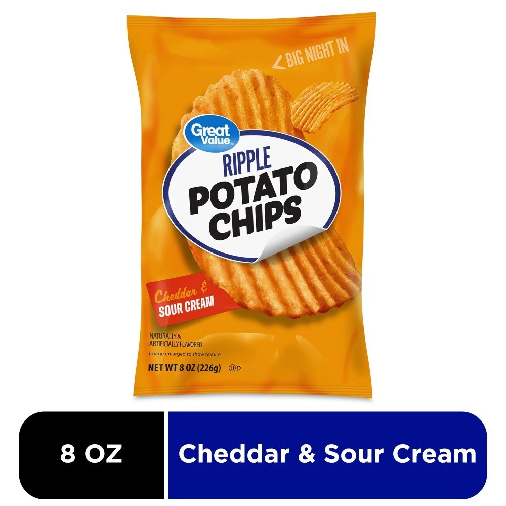 (4 pack) Rippled Cheddar & Sour Cream Potato Chips, 8 oz Bag