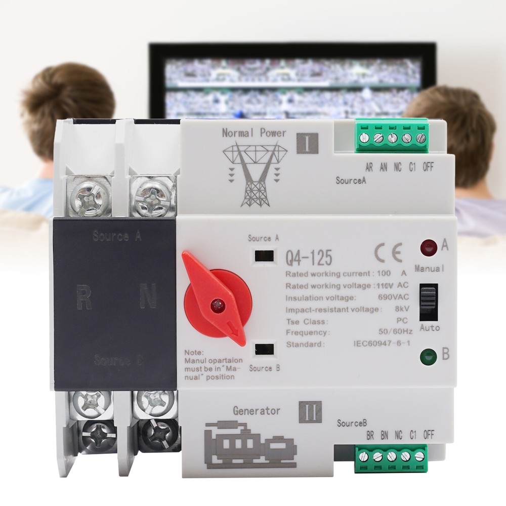 Automatic Transfer Switch 2P 100A 110V Grid to AC Generator Dual Power Control