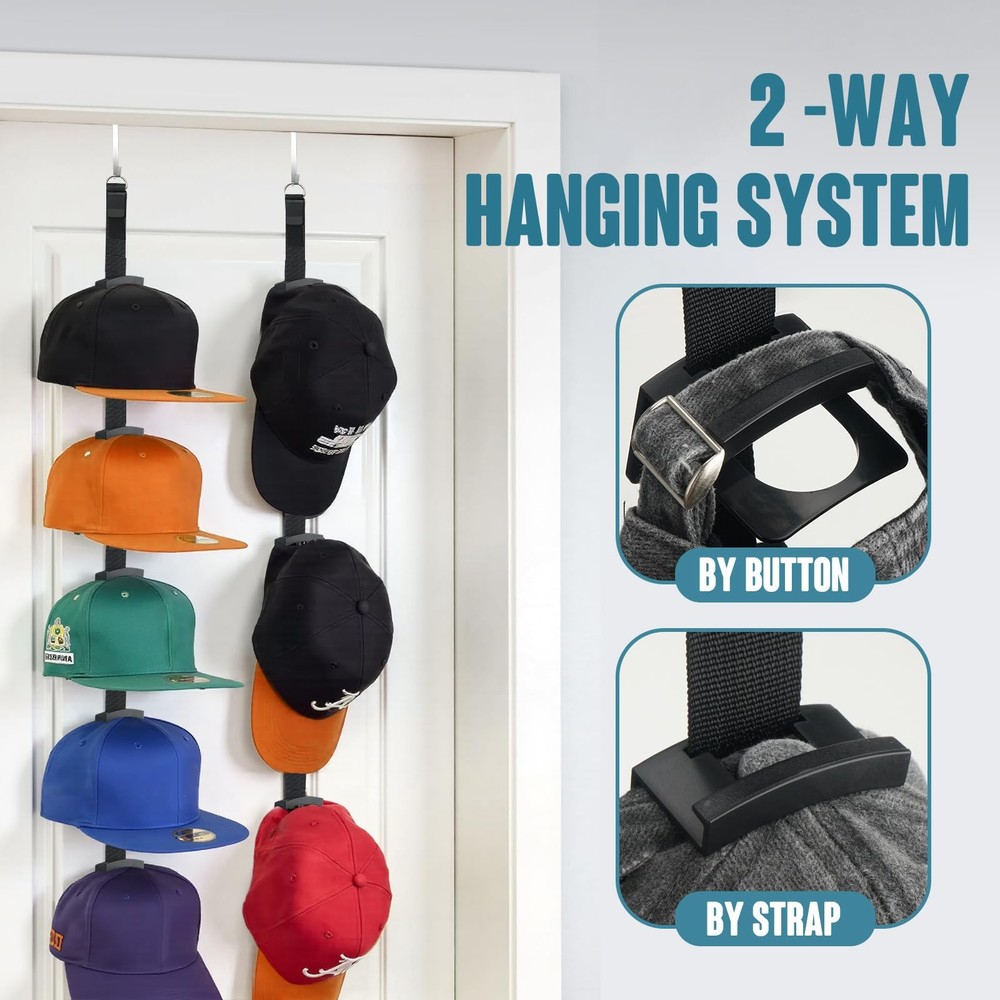 2Pack Hat Organizer for Baseball Caps, Hat Rack for Wall with Display Hooks -...