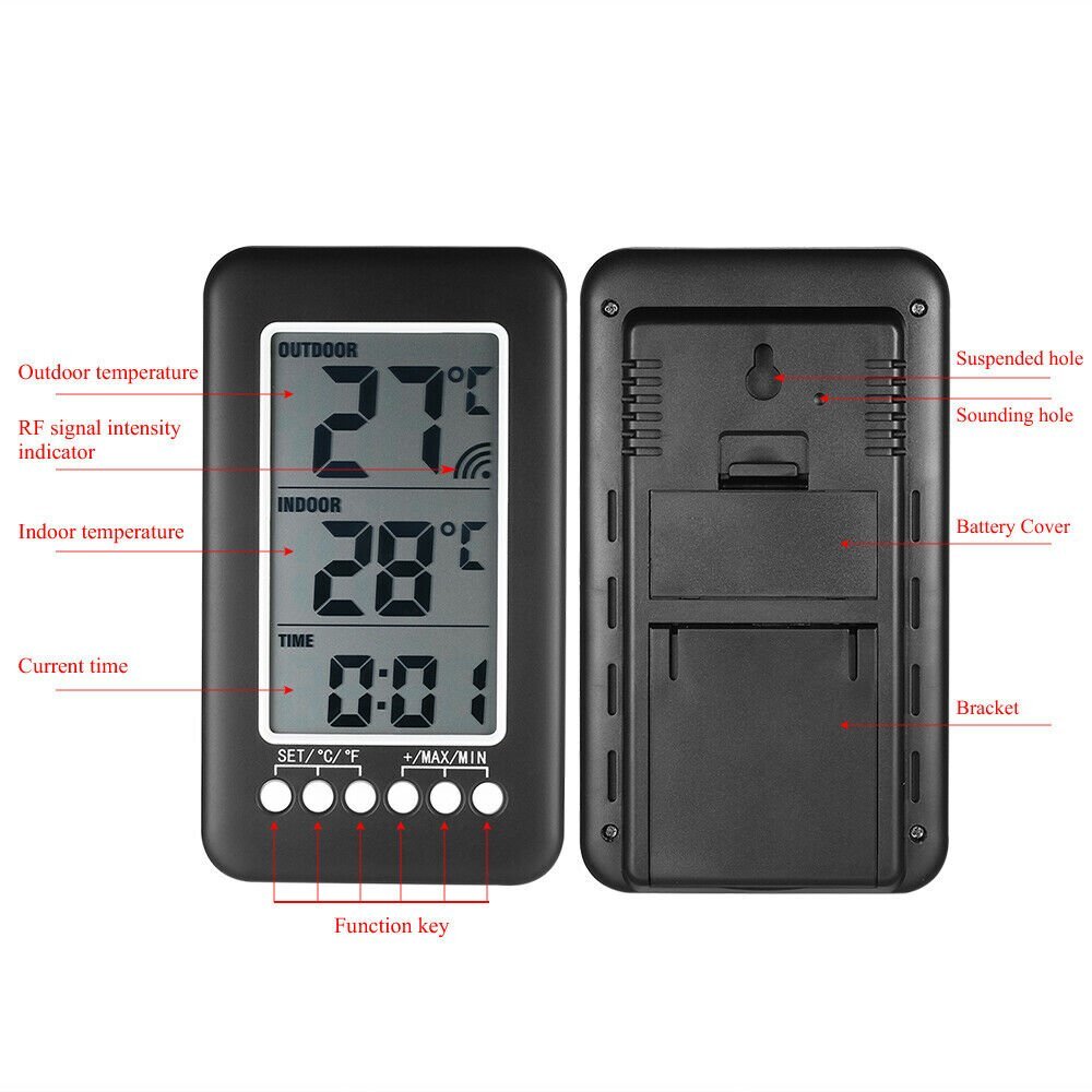 Digital Thermometer Clock Indoor/Outdoor Wireless Temperature Transmitter Meter