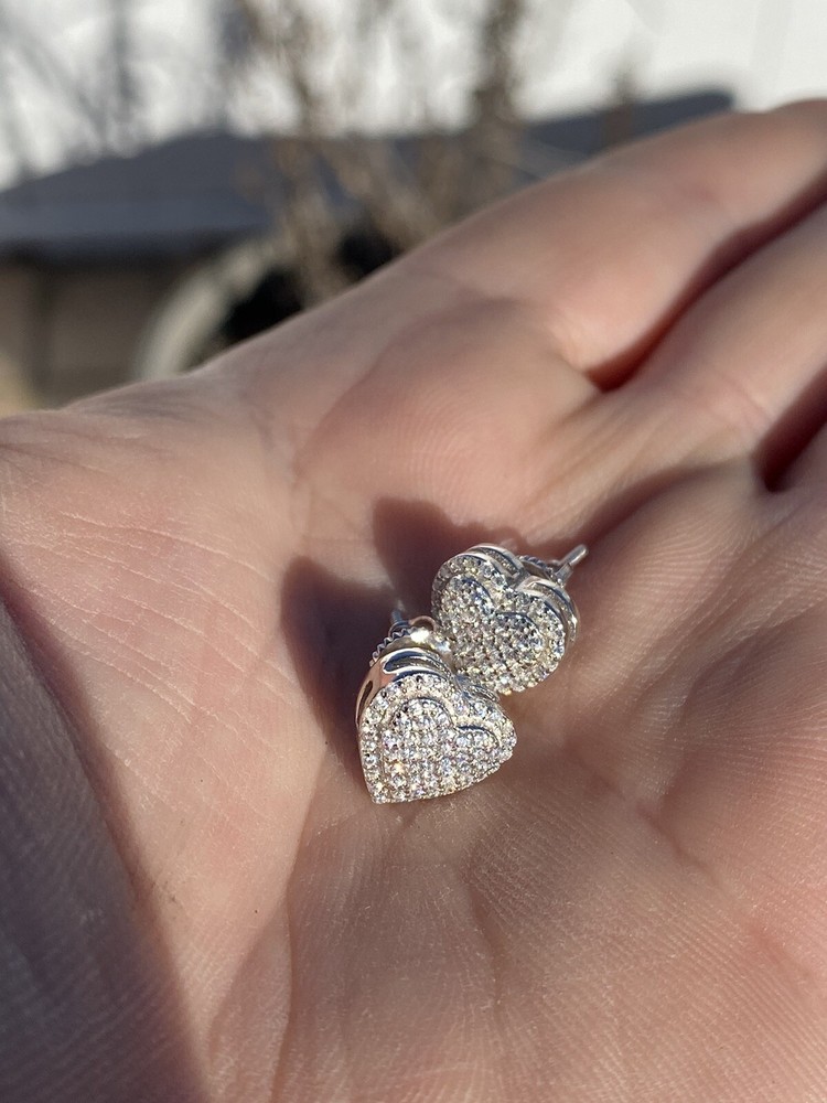 Solid 925 Sterling Silver Iced Heart Stud Earrings Moissanite Pass Diamond Test