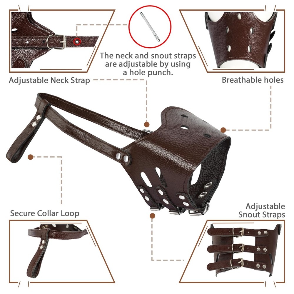 Dog Muzzle Leather, Soft Secure Anti-Barking Leather Muzzle for Large Sized D...