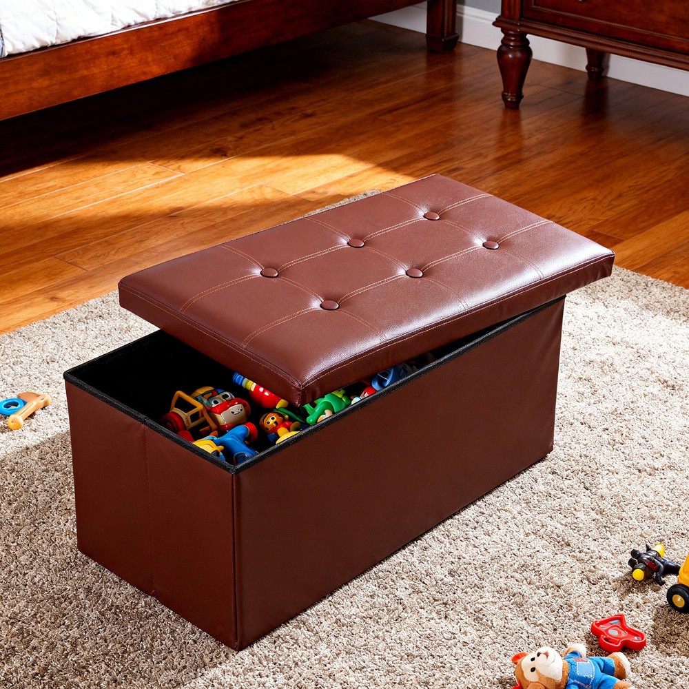 30" Sturdy Ottomans Footstools Soft Leather Brown Storage Footrest Foldable