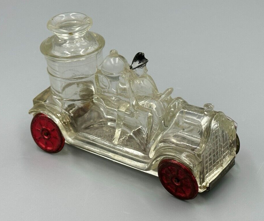 1914 FIRE ENGINE Stough Figural Glass CANDY CONTAINER Vintage E&A 223 Tin Wheels