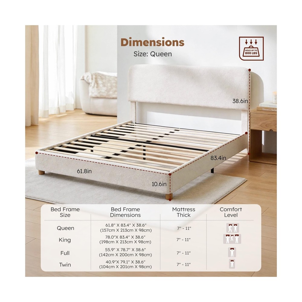 Queen Size Cloud Bed Frame, Soft Boucle Bed Frame with Adjustable Headboard, ...