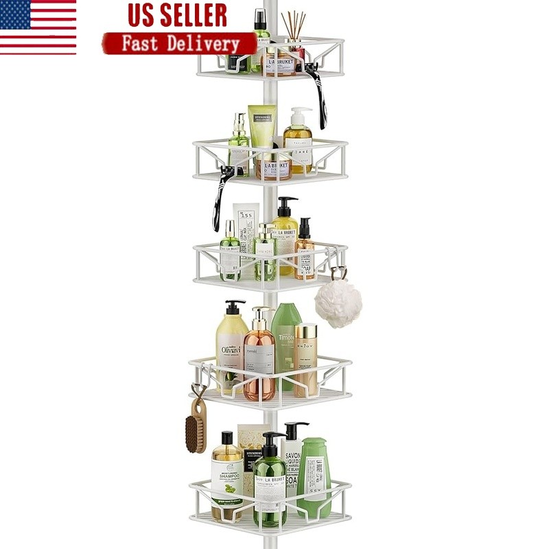 Height Adjustable Corner Tension Pole Shower Caddy 5 Tier Storage Rust Proof New