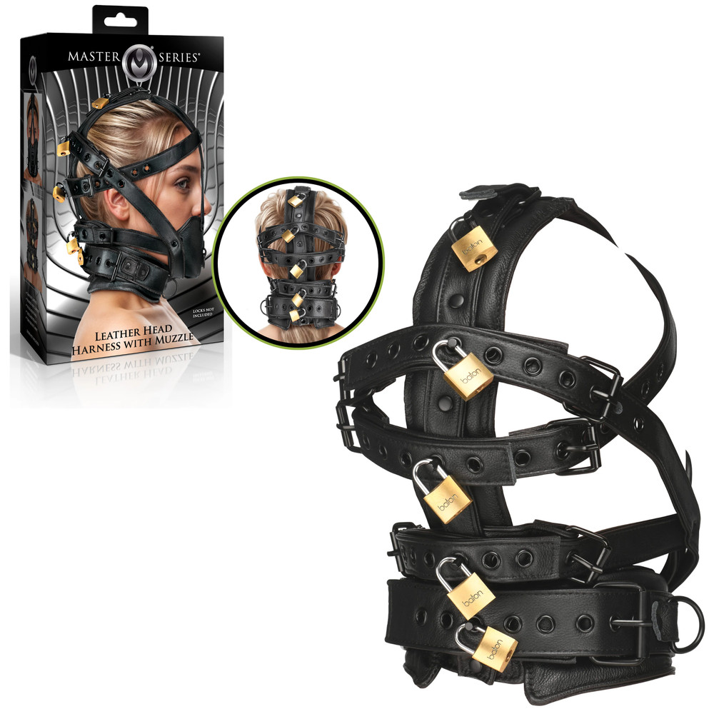 Adjustable Lockable Leather Head Harness with Muzzle BDSM Restraint Fetish Play