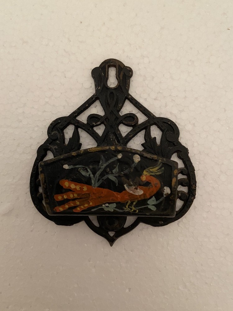 Vtg Cast Iron Wall Mounted Match Holder Hand Painted Bird With Flower Rustic