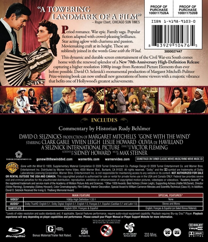 Gone With the Wind Blu-ray Clark Gable NEW
