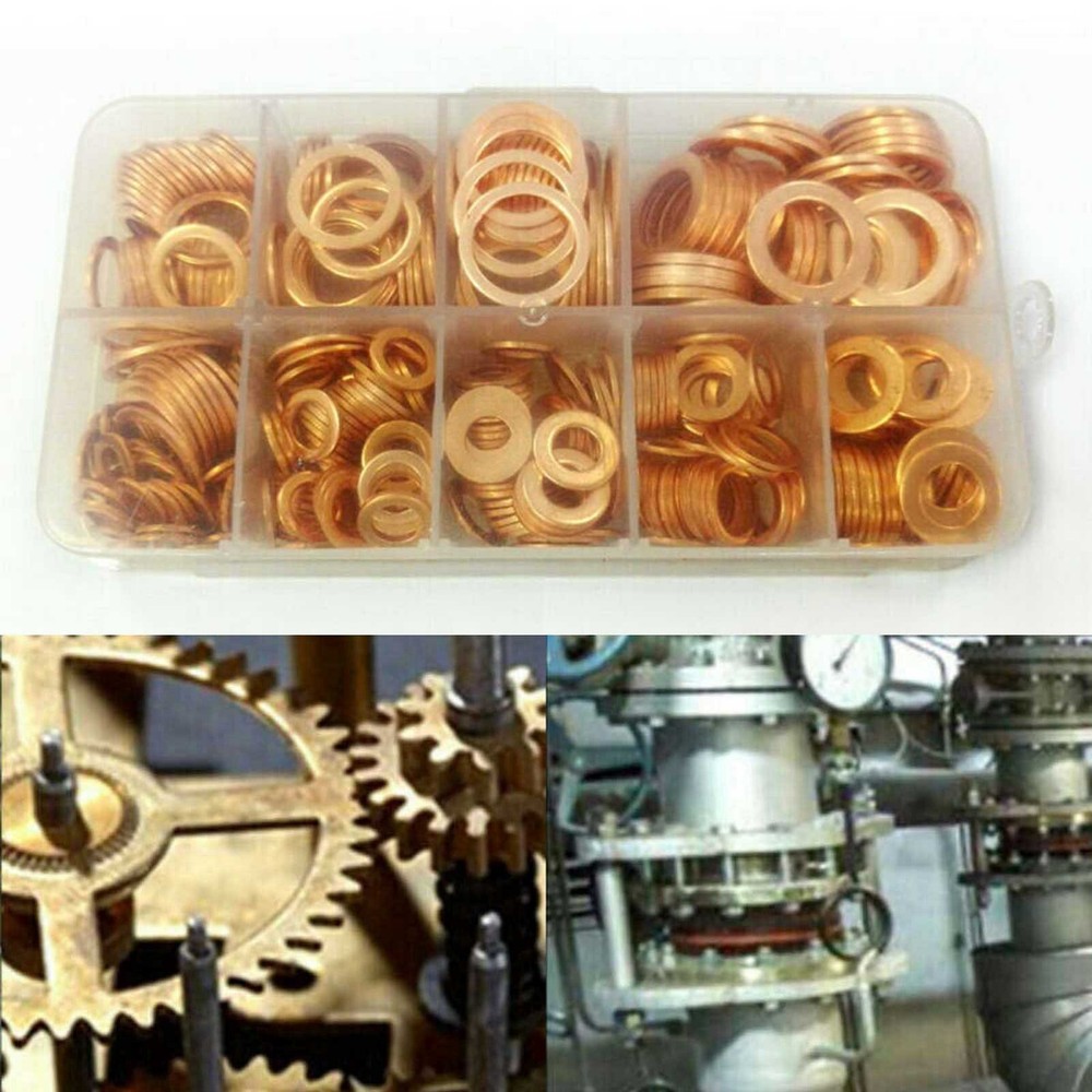 400Pcs Kit 9 Sizes Assorted Solid Copper Crush Washers Seal Flat Ring & Case