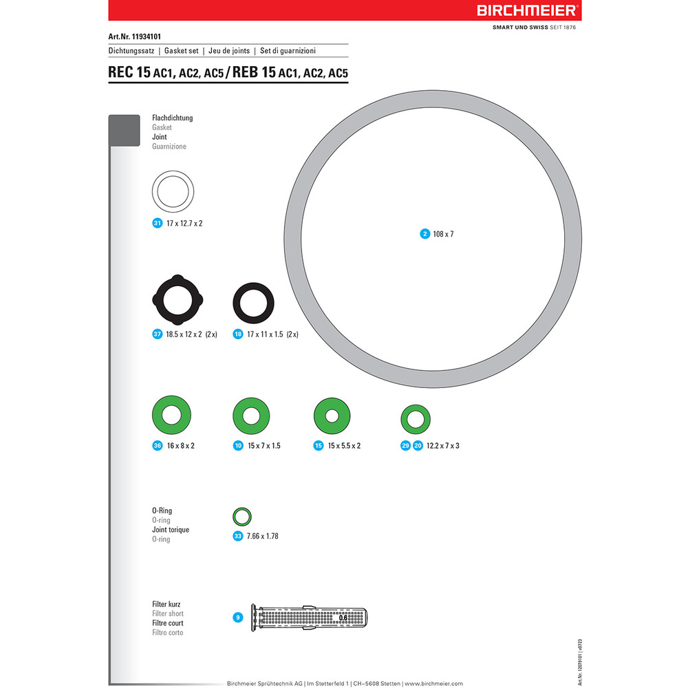 Replacement Gasket Set For REC 15 / REB 15 Sprayers by Birchmeier