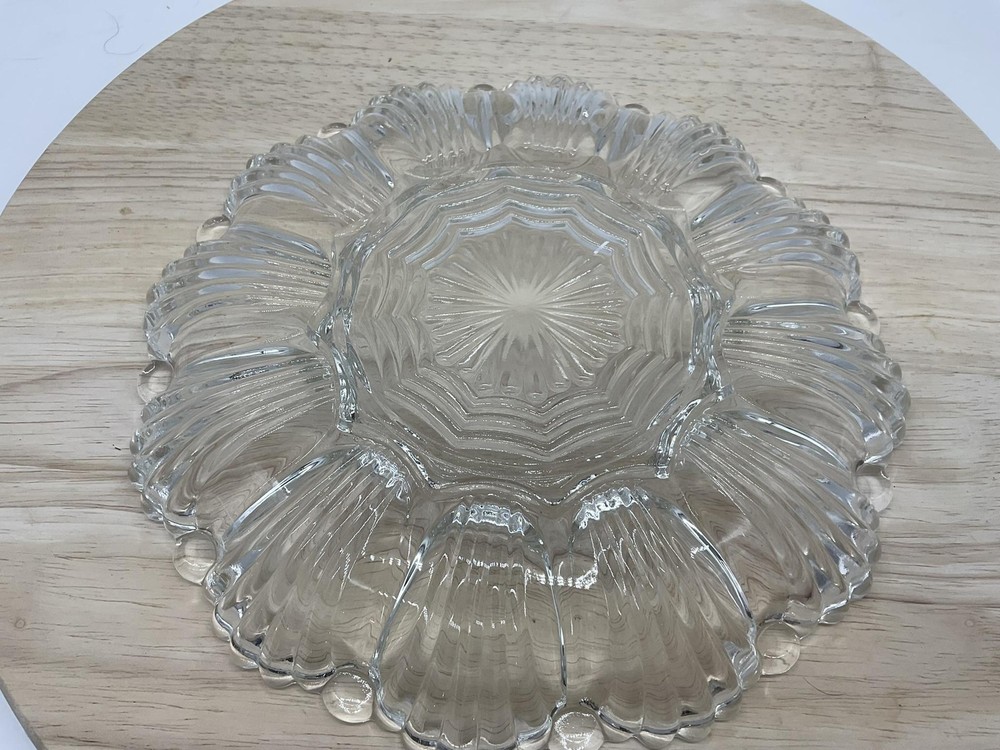 Clear Glass Deviled Egg Platter Round Serving Tray 12 Egg Wells Centerpiece