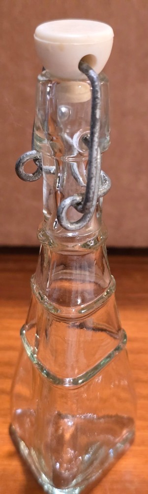 Vintage unusual glass, triangular bottle w/bail & stopper closure