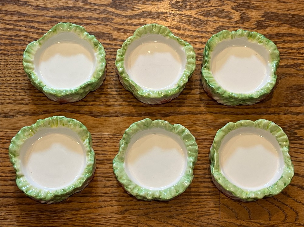 6 Vintage Cabbage Leaf Painted Ceramic Coasters 3” Inside Diameter