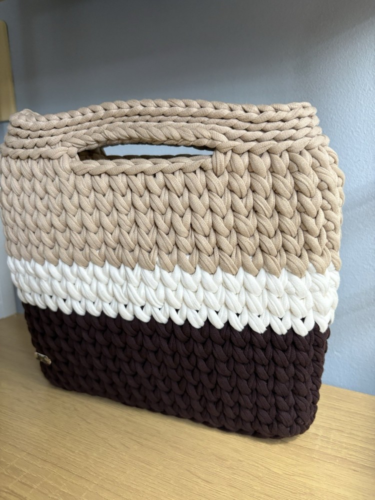 Handmade Crochet Brown Beige White with Handle Opening